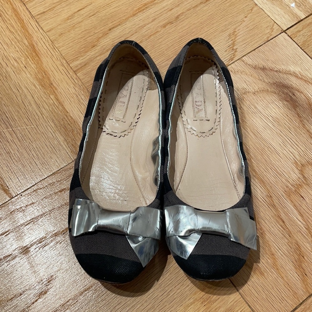 Prada ballet flats, striped with silver bow size 7